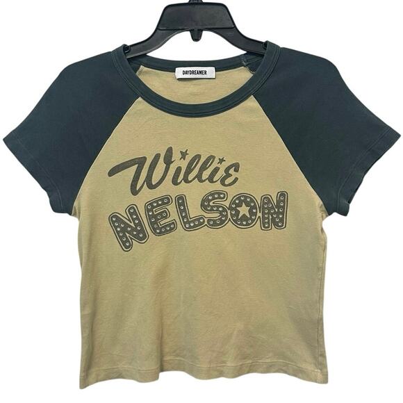 Daydreamer Willie Nelson Rhinestone Raglan Crop T-Shirt Coastal Cowgirl Western - Picture 1 of 6